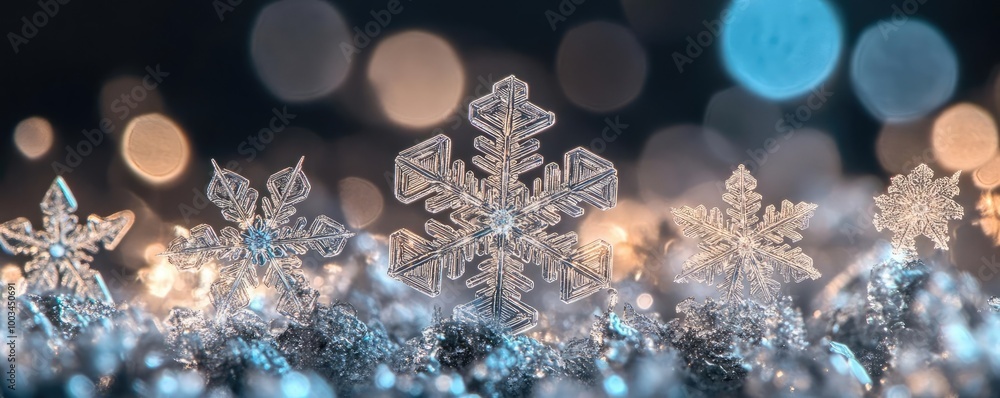 Poster intricate snowflakes glisten in the light, creating a magical winter scene with sparkling ice and bl