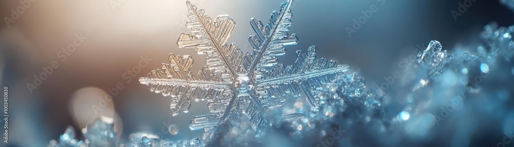 Poster close-up of a delicate snowflake resting on a bed of frost, showcasing intricate patterns and shimme