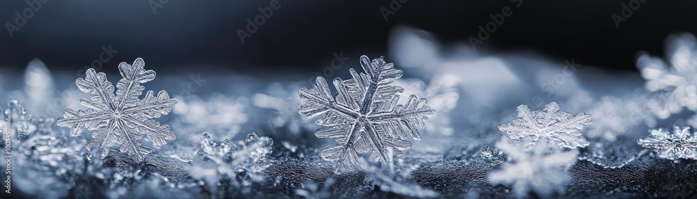 Poster close-up shot of delicate snowflakes on a dark background, showcasing their unique patterns and intr