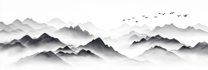 Black and white ink painting of mountains with birds flying in the sky.