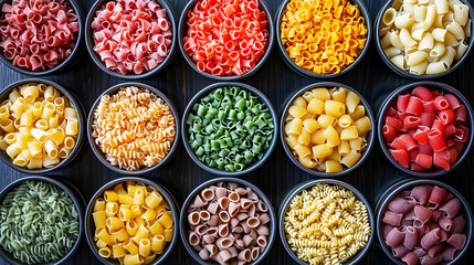 dry pasta types, meticulously arranged. Shapes include spirals, shells, and tubes, symbolizing diversity and unity, representing culinary traditions and creativit
