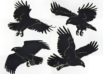 Obraz premium Silhouette of four hawks in dynamic flight poses, showcasing their grace and power.