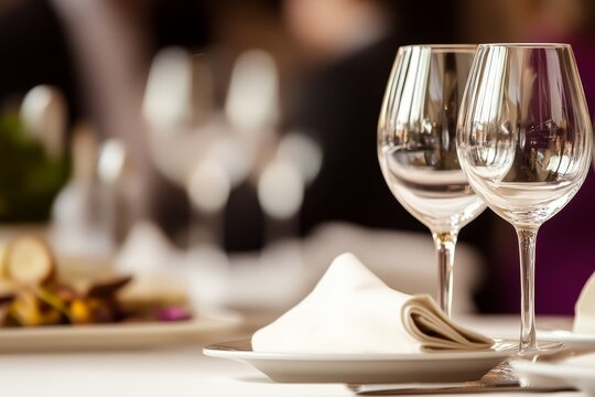 Two empty wine glasses on a white tablecloth at a restaurant with a plate and napkin.