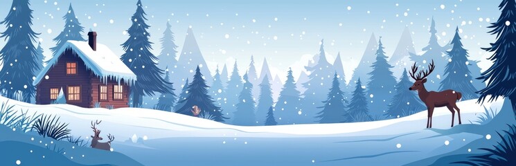 Obraz premium Winter Forest Scene with Cabin and Deer