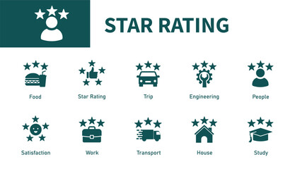 Star rating icon. Set of solid vector symbols on quality management, customers, reviews, satisfaction, likes.