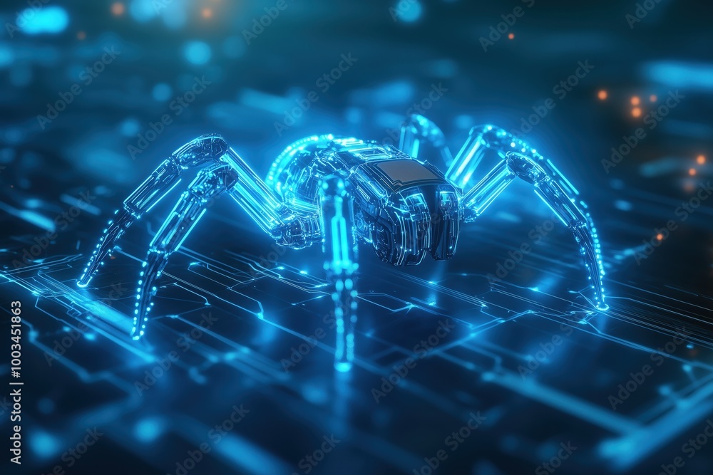 Poster cybernetic spider on circuit board: futuristic robotic arachnid, glowing with vibrant blue light, cr