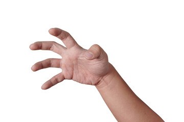 Male person hand in clawed zombie like gesture, reaching grab gripping something, cut out isolated