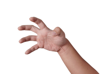 Male person hand in clawed zombie like gesture, reaching grab gripping something, cut out isolated