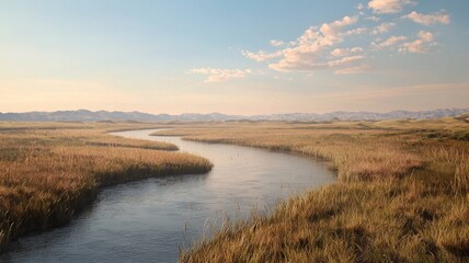 A Winding River Through a Grassy Plain with Distant Mountains