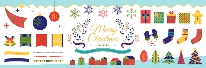 クリスマスのかわいい装飾イラストセット。北欧風の草木フレーム、雪の結晶、リボン、冬の街並み、輝くオーナメント、クリスマスツリーなどのカラフルなアイコン。