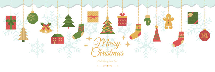 クリスマスオーナメントと雪の結晶イラストバナー