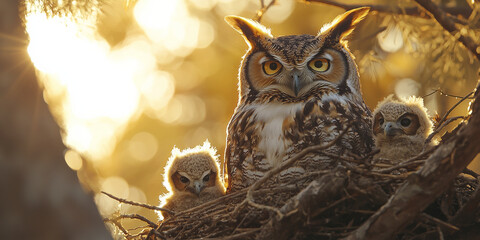Obraz premium An owl with her baby owls in the nest, generative AI
