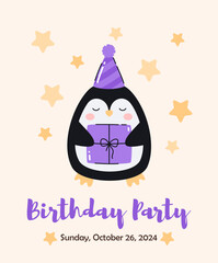 Birthday invitation card featuring a penguin with a gift. Flat vector illustration.