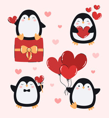 Set of penguins with valentines and balloons. Image for Valentine's Day. Flat vector illustration.