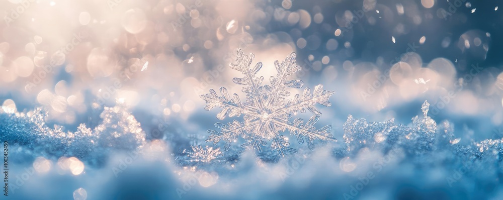 Poster a captivating close-up of a snowflake resting on soft snow, with shimmering light creating a magical