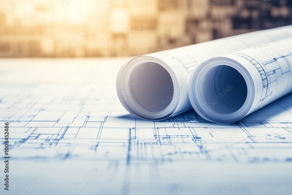 Poster Rolled blueprints on a table with a blurred background.