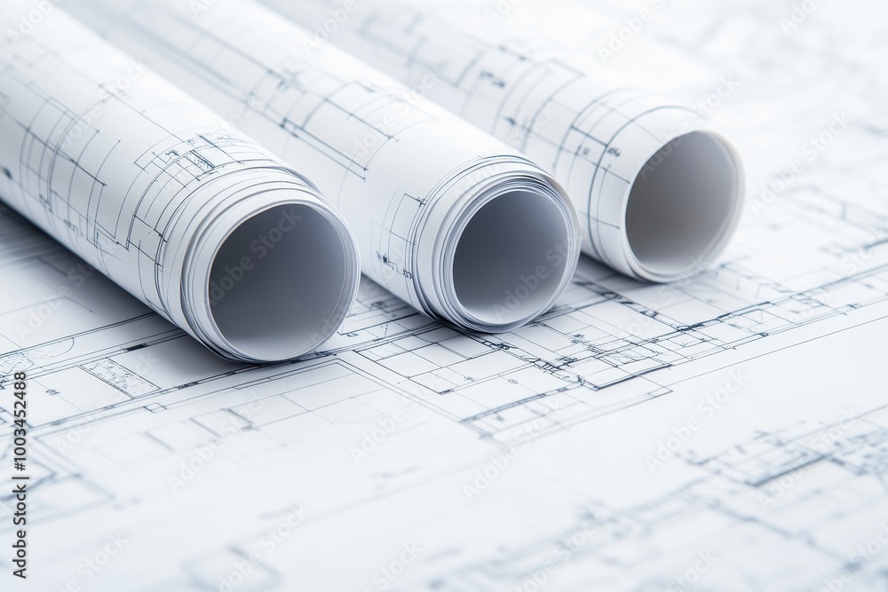 Poster rolled-up blueprints with a detailed floor plan, showing the structure of a building, laying on a wh