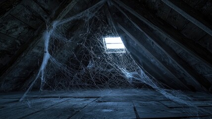 A cobweb draped over a wooden attic window