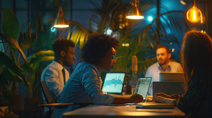 Fototapeta premium Business professionals working diligently in an office environment, collaborating on projects, signing documents, and holding meetings. Happy and productive workplace atmosphere with white-collar empl