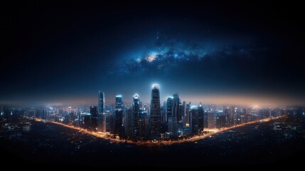 Obraz premium Panoramic view of a city skyline at night with glowing lights and a starry sky.