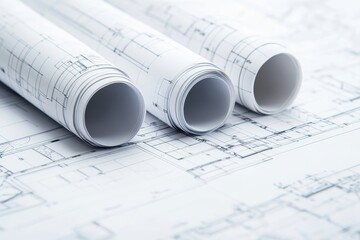Rolled-up blueprints with a detailed floor plan, showing the structure of a building, laying on a white background.