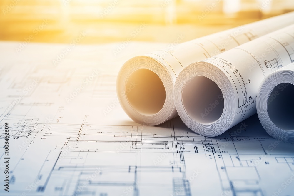 Poster rolled up blueprints on top of architectural drawings with a warm tone.