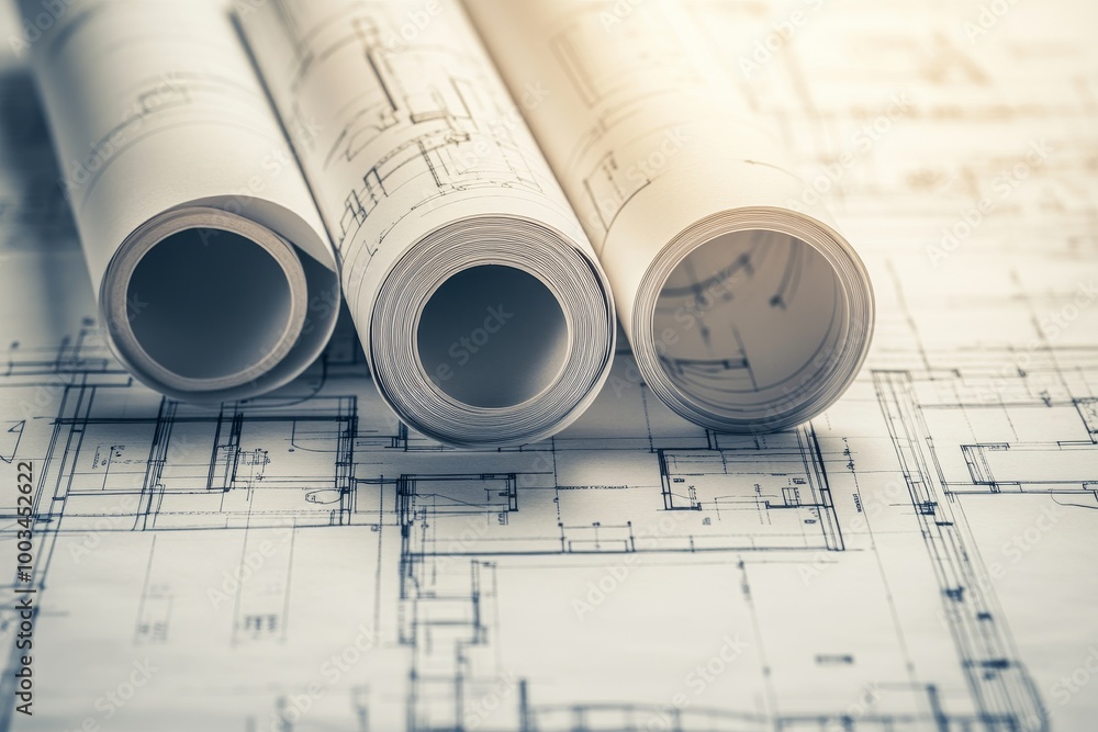Poster Rolled up blueprints for an architectural project lay on top of a larger blueprint with detailed lines and numbers.