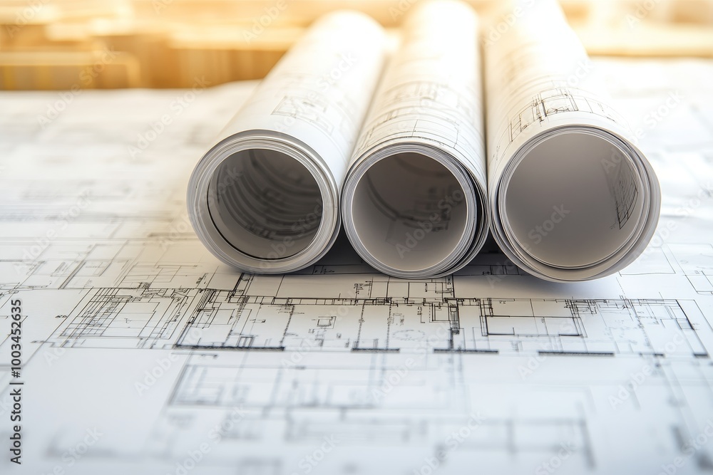Aufkleber rolled up blueprints on a table with a close-up of the blueprint's lines and a blurry background.