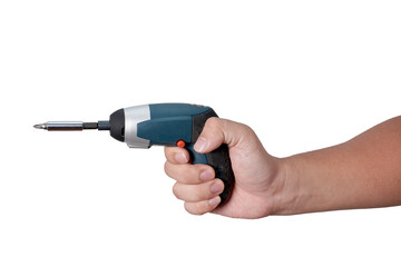 Male person hand holding electric power screwdriver, cut out isolated