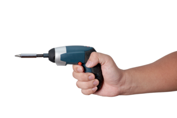 Male person hand holding electric power screwdriver, cut out isolated