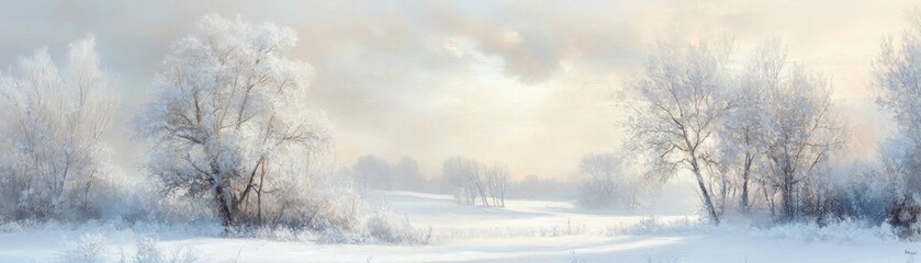 Fototapeta premium Serene winter landscape featuring frosty trees, soft sunlight, and a tranquil snowy scene inviting peace and reflection.