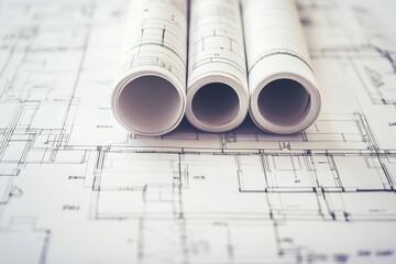 Rolled up blueprints on a construction plan.