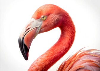 Fototapeta premium A lifelike flamingo, radiating tranquility, poses elegantly against a bright white backdrop, perfectly capturing the