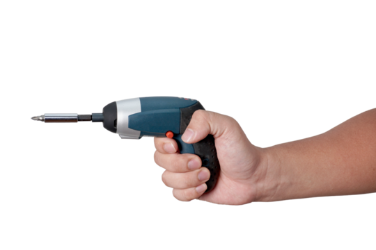 Male person hand holding electric power screwdriver, cut out isolated