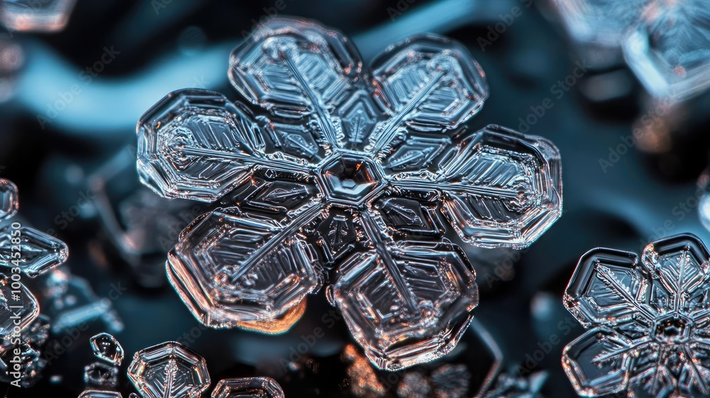 Poster close-up of a stunning snowflake showcasing intricate details and unique patterns, highlighting the 