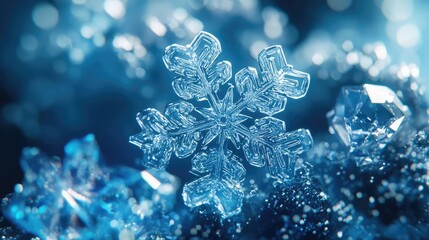 Intricate snowflake on a shimmering surface, capturing the essence of winter's beauty and the magic of frost.