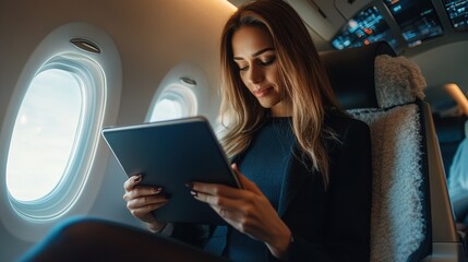 Woman Using Tablet While Traveling in Airplane