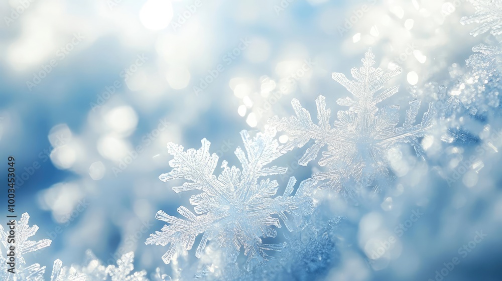 Poster close-up of delicate snowflakes resting on a blue surface, showcasing their intricate and unique pat