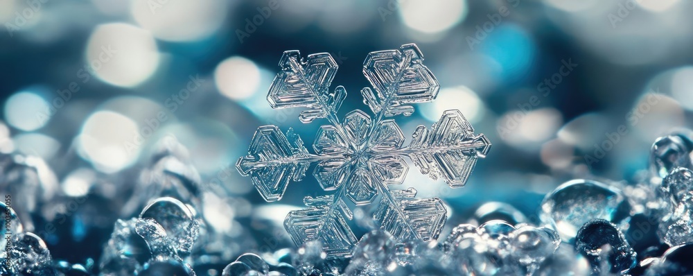 Poster close-up of a delicate snowflake resting on a shimmering surface, highlighting the intricate details