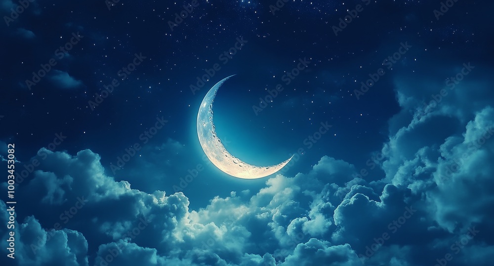 Wall mural a crescent moon shining brightly in a dark blue night sky with fluffy clouds.