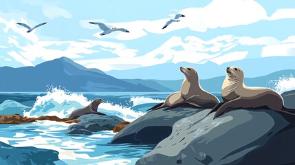 Fototapeta premium Three sea lions relax on rocks by the ocean with seagulls flying overhead.