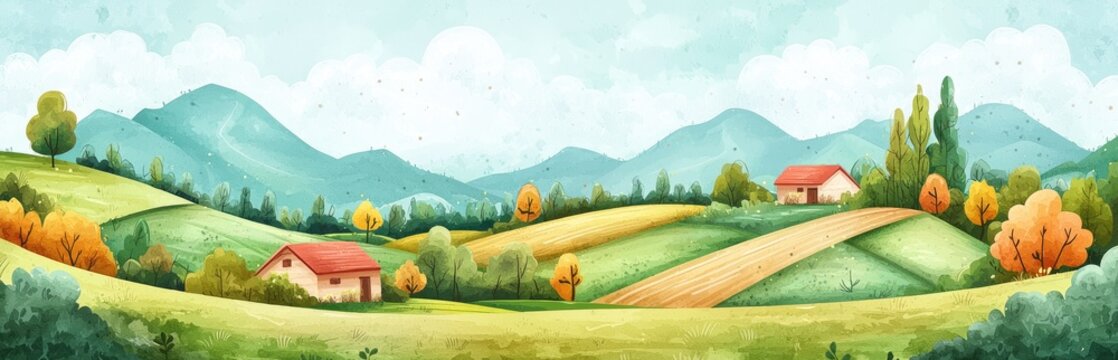 Watercolor Painting of a Rural Landscape with Houses and Rolling Hills