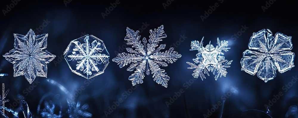 Poster a stunning collection of unique snowflakes displaying intricate patterns against a soft blue backgro