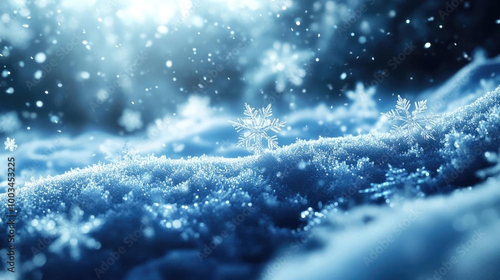 Poster a serene close-up of snowflakes gently falling on a snowy surface, creating a magical winter atmosph