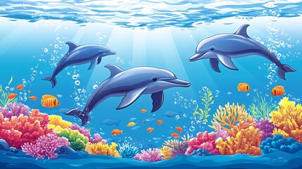 Fototapeta premium Three playful dolphins swimming above colorful coral reef in the ocean.