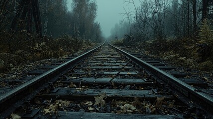 Obraz premium Abandoned Railroad Tracks Through Foggy Forest
