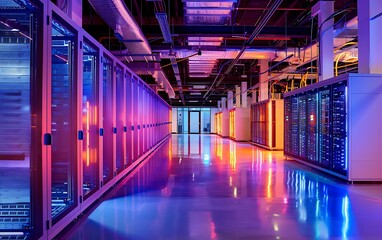 Fototapeta premium Expansive Data Center with Intricate Cabling and Pulsating Lights