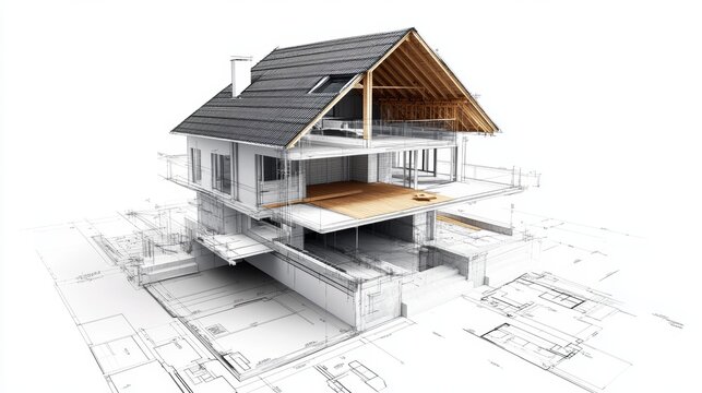 3D rendering of a house with cutaway view showing the interior structure.