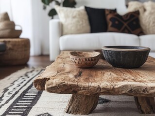A low, rustic coffee table adorned with eclectic decor, sitting in a cozy living room Midlevel shot from the side, focusing on the woods texture and the laidback style