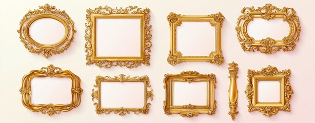 A collection of 8 ornate golden picture frames isolated on a pink background.